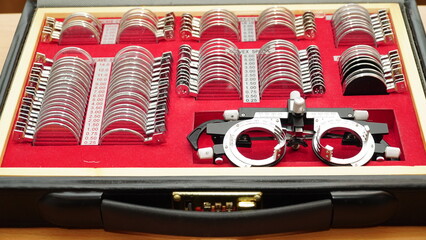 Set of ophthalmologist lenses. Phoropter test glasses for checking vision. Refractor for eye...