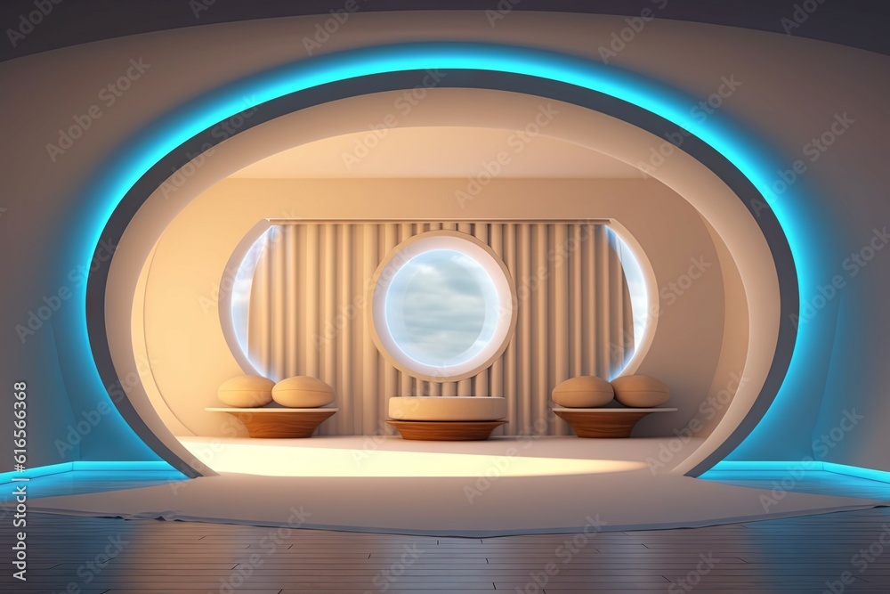 Wall mural modern futuristic rounded room with neon lighting. background with selective focus. ai generated, hu