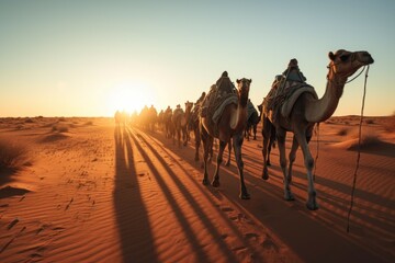 Camel caravan in the desert. Background with selective focus and copy space. AI generated, human enhanced
