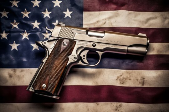A pistol on the back of an American flag. Background with selective focus. AI generated, human enhanced