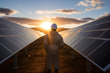 Renewable Energy Engineer Observing a Solar Park at Sunrise - Generative AI - obrazy, fototapety, plakaty