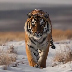 Fototapeta na wymiar Bright winter capture of an adult Siberian tiger walking along a trail thru a snow covered field. Generative AI