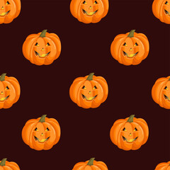 Seamless pattern with a pumpkin with a face for halloween. October harvest. Vector illustration for fabrics, textures, wallpapers, posters, cards. Editable elements.