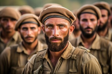 Portrait of a soldier from the Middle East with selective focus. AI generated, human enhanced