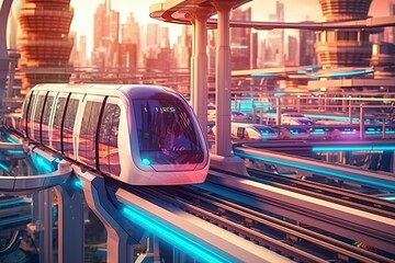 Urban mobility future - tram, metro, subway in futuristic city. Generative AI.