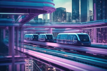 Urban mobility future - tram, metro, subway in futuristic city. Generative AI.