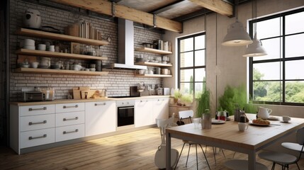 Fototapeta na wymiar A small kitchen in industrial minimalist interior design style. Industrial kitchen. Generative AI.