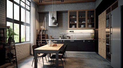 A small kitchen in industrial minimalist interior design style. Industrial kitchen. Generative AI.