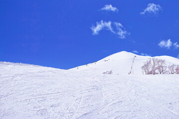 春スキーのニセコスキー場、綺麗な青空に映えるニセコアンヌプリ頂上とゲレンデ

