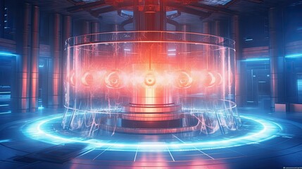 Research energy facility. Test operations of a nuclear fusion generator. A circular chamber glowing with high energy. Generative AI.