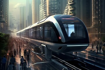 Urban mobility future - tram, metro, subway in futuristic city. Generative AI. - obrazy, fototapety, plakaty