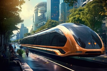 Urban mobility future - tram, metro, subway in futuristic city. Generative AI.