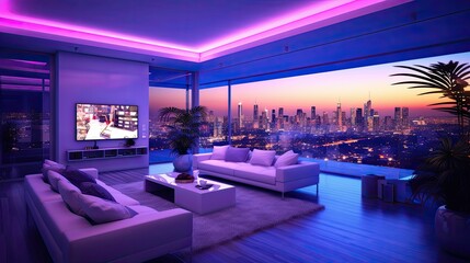 Photo of luxury skyscraper with spacious living room with a modern white sofa and kitchen with purple LED lights, floor to ceiling windows, panoramic views of the city skyline. generative AI.