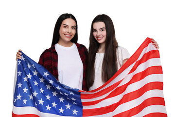 4th of July - Independence day of America. Happy mother and daughter with national flag of United States on white background