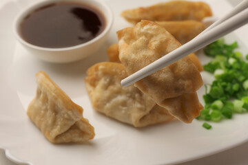 Taking delicious gyoza (asian dumpling) from plate, closeup