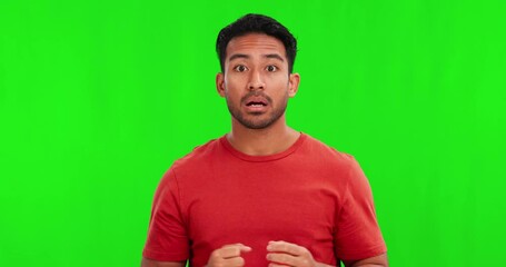 Man, shock face and wow by green screen for deal, sale or news announcement in mock up by studio background. Young male person, student and surprise with mind blown for notification, story or alert