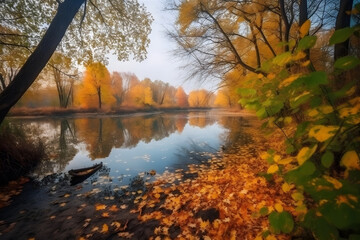 Beautiful fall landscape with orange and yellow trees, Generative AI
