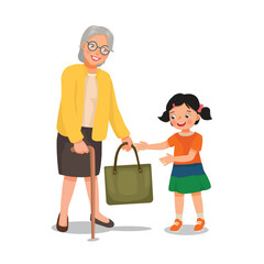 Cute little girl helping grandmother carrying bag