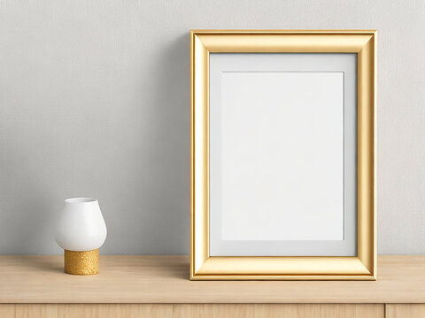 Horizontal wooden picture frame, poster mockup on wooden table, desk. Home staging. Minimal interior.