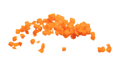 Carrot fresh fly float in Air turn to Cube dice shape. Beta Carotene orange color in Carrot is good health. Many Dice cube carrot flying throw up in Air. White background isolated, high speed