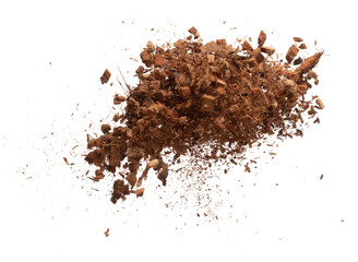 Coconut peel husk flying explosion, coconut chopped medium M size abstract fall down garden. Coconut shell peel fertilizer splash throwing in Air. White background Isolated high speed shutter, freeze