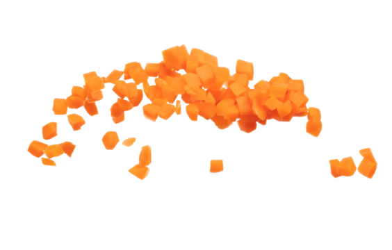 Carrot fresh fly float in Air turn to Cube dice shape. Beta Carotene orange color in Carrot is good health. Many Dice cube carrot flying throw up in Air. White background isolated, high speed