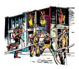 fire fighters attacking a blaze in an urban building illustration
