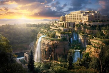 Fototapeta na wymiar 美しい城と滝,Generative AI AI画像