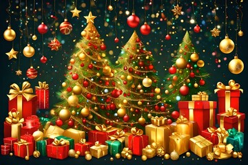 Christmas tree with colorful decoration of Xmas objects and gift boxes made with Generative AI