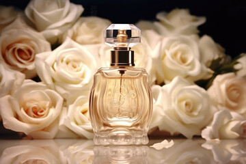 Obraz na płótnie Canvas bottle of perfume on a background of white roses. ai generative