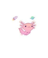 Obraz na płótnie Canvas Fun t-shirt print with a cute Axolotl lying on the moon