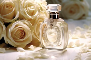 bottle of perfume on a background of white roses. ai generative