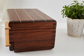 Wooden jewelry box. Product photograph with white cloth and a houseplant.