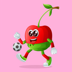 Cute cherry character playing soccer