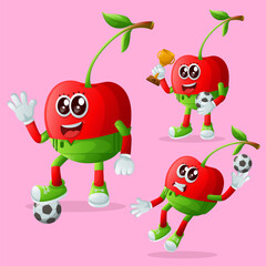 Cute cherry characters playing soccer