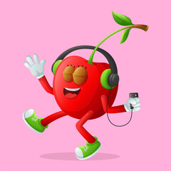 Cute cherry character listening to music