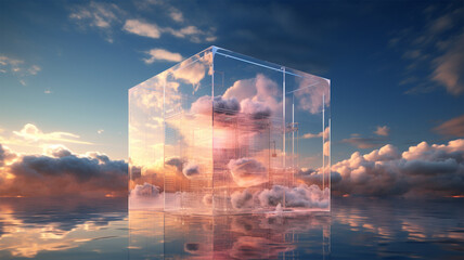 cloud in glass cube cloudscape, digital metaverse infrastructure. Generative AI