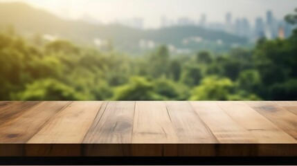 Landscape beauty reflected on empty wooden table