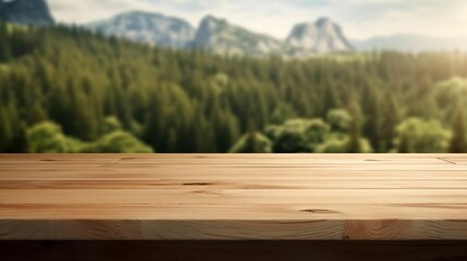 Harmonious blend: Empty wooden table, blurred landscape