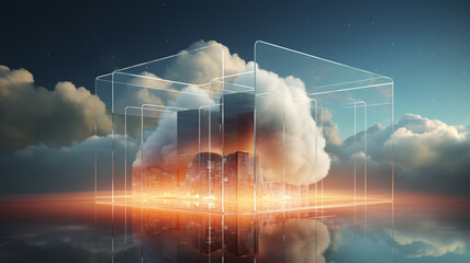 cloud in glass cube cloudscape, digital metaverse infrastructure. Generative AI