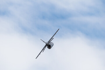 Argentine military plane performing aerobatic maneuvers seen from behind while climbing