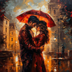 A painted image of a romantic couple in love under a red umbrella and against the backdrop of the architecture of a medieval European city. Generative AI