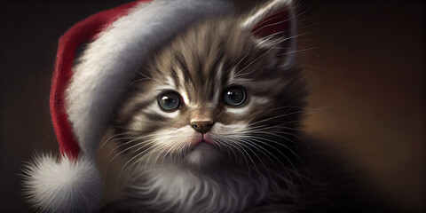 Portrait of a kitten in a Christmas santa hat, close-up. Generative AI