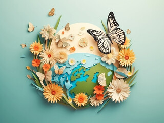 Fototapeta na wymiar An image of the planet Earth made of paper framed by butterflies and flowers. Generative AI