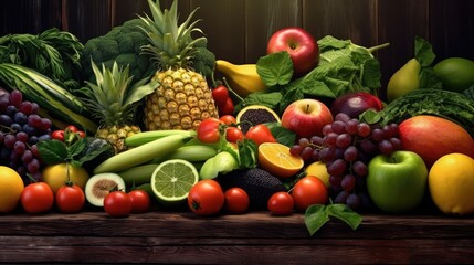 Bright composition of vegetables and fruits on a wooden background. Created with Generative AI technology