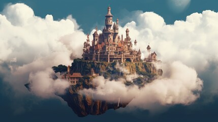 Magical floating castle surrounded by clouds background. Created with Generative AI technology