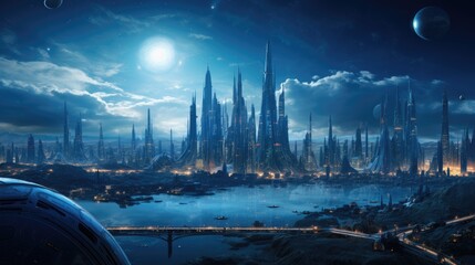 Panoramic view of a vast alien cityscape background. Created with Generative AI technology