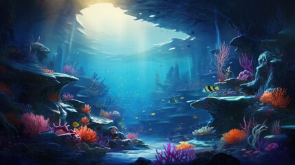 Obraz na płótnie Canvas Peaceful colorful underwater scene with fish and coral background. Created with Generative AI technology