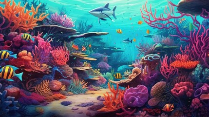 Naklejka na ściany i meble Underwater scene with vibrant coral reef background. Created with Generative AI technology