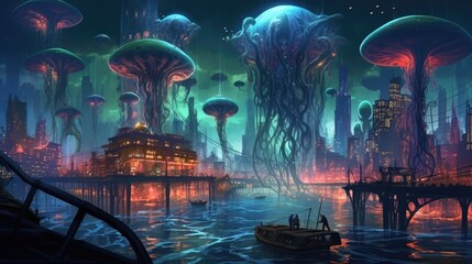 Obraz premium Undersea city illuminated by glowing bioluminescent creatures background. Created with Generative AI technology